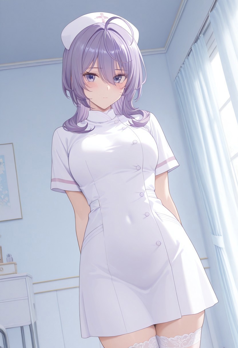 masterpiece, best quality, absurdres, highres,
eye reflection,

philia adenauer,
purple hair, ahoge, long hair, blunt bangs, hair over shoulder, hair between eyes, purple eyes,
1girl, solo, blush,
looking at viewer, dutch angle,

nurse, white nurse cap, white nurse dress, white thighhighs,

scenery, indoors,
