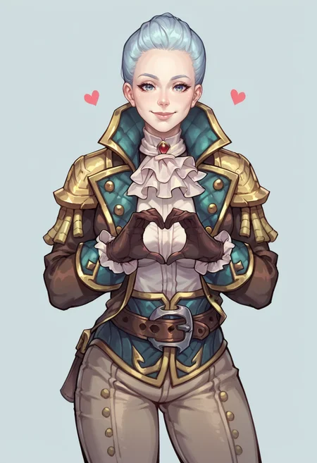 score_9, score_8_up, score_8, source_anime, 1girl, breasts, <lora:KatherineProudmoore:0.85> solo, ascot, belt, gloves, jacket, pants, looking at viewer, smile, heart hands,
light blue background, simple background,