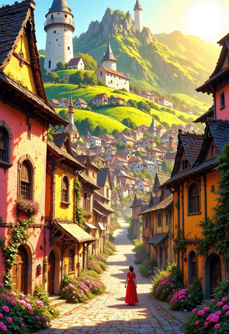 A vibrant fantasy village nestled in a serene valley, brush strokes, bright fantasy style, designed in a whimsical, fairy-tale architectural style with rounded, pastel-colored buildings featuring thatched and shingled roofs. The walls of the homes are painted in soft pinks, warm yellows, and bright whites, glowing warmly under a gentle golden sun. beautiful vast sky, The streets are paved with cobblestones and lined with blooming flowerbeds in matching hues, with vines of pink roses climbing over ornate, wooden window frames. Towering pastel windmills and charming cottages with heart-shaped windows dot the landscape, while villagers in flowing, colorful garments bustle happily. In the background, rolling green hills rise gently, crowned by a clear, radiant sky, creating a magical, picturesque atmosphere.