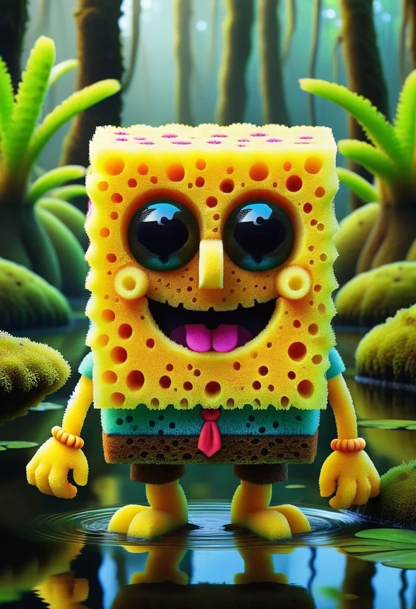 A cute colorful fluffy SpongeBob SquarePants, wildlife photography, in a ral-mndlbrt swamp, 4K UHD, made out of ral-ktchzpong
