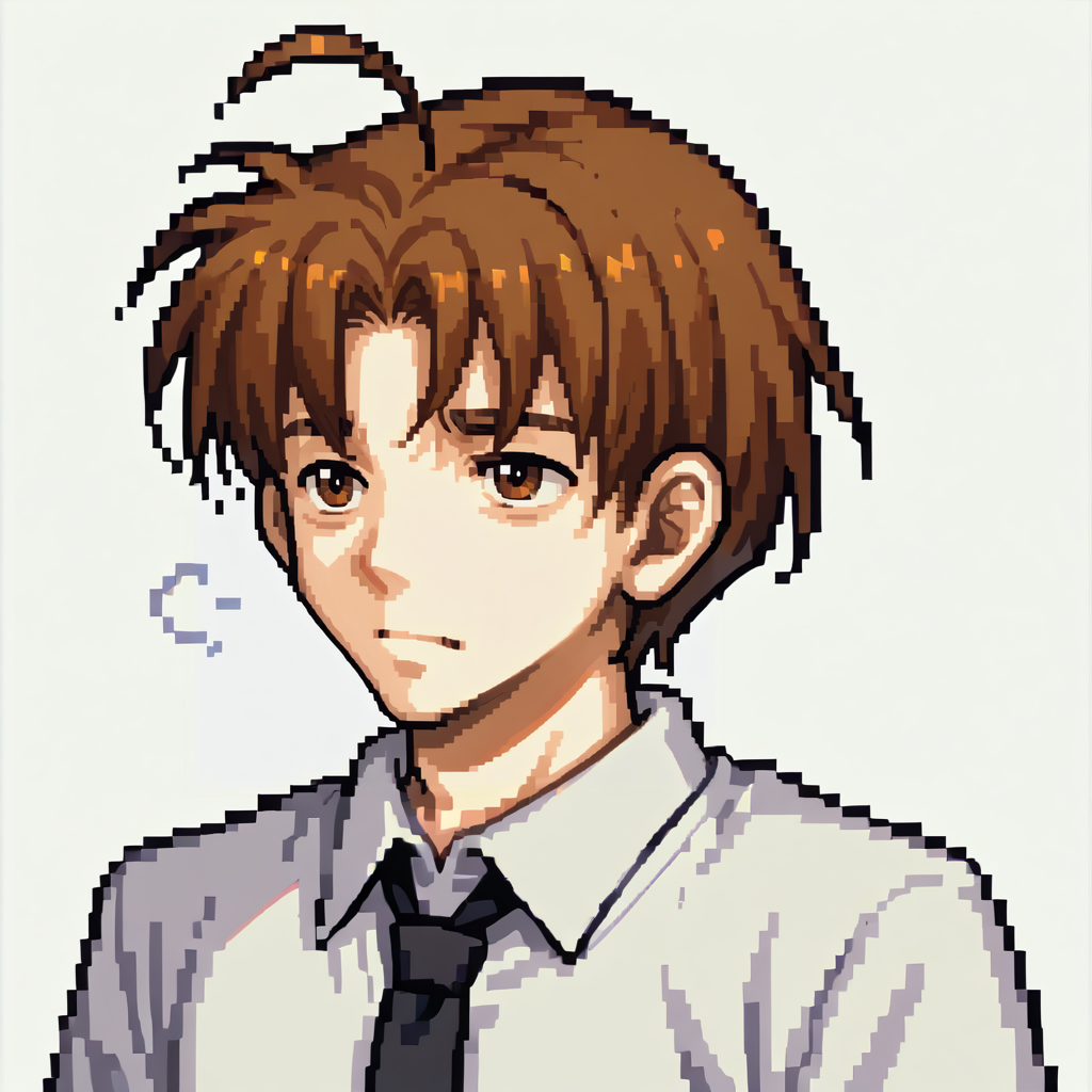 score_9,score_8_up,score_7_up, source_anime, solo, 1boy, <lora:NSHisaoKatawa:1> NSHisaoKatawa, brown eyes, brown hair, short hair, ahoge, black necktie, white collared shirt, sleepy, <lora:zs_FEGBAPortraitsXL:1> fegbaportraits, portrait, white background, pixel art