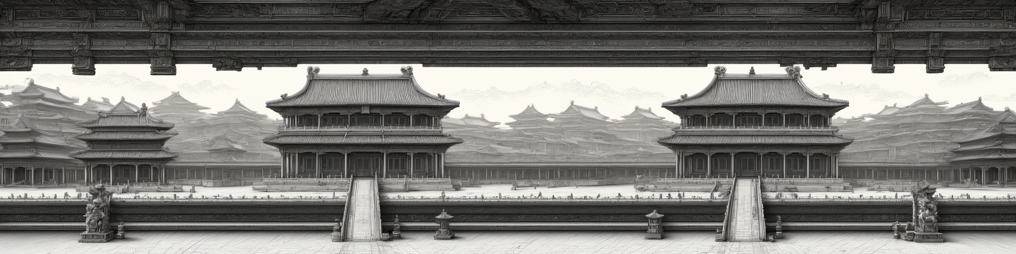 Create a highly detailed,technical drawing of  The Palace Museum of China,emphasizing precision and complexity in its design,The view should be panoramic,with focus on structural details and textural elements,masterpiece,high quality,bigc,digital engraving,crazy detail,8k,((cash green)),Diagonal lines are highlighted throughout the picture,<lora:gugong_V0-000002:1>,wide_shot,landscape,