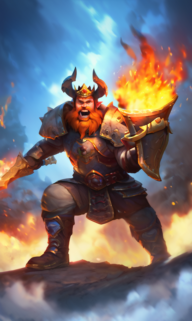 score_9, score_8_up, score_7_up, BREAK, soure_safe, solo, open mouth, 1boy, weapon, male focus, boots, horns, teeth, orange hair, armor, night, facial hair, fire, crown, beard, shield, rock, mustache, hearthstonestyle, trending on artstation, detailed digital art <lora:HearthStoneStyle_v1:0.8>