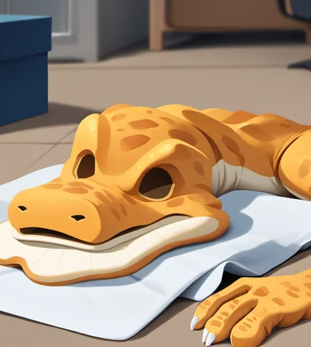 score_9, score_8_up, score_7_up, high res:1.5, digital media (artwork), lineless, cel shading, solo focus, <lora:Suiting_and_Masking:1> 5uitingm4sking, discarded costume, classroom background, furry, frilled lizard, frills, scalie, orange skin