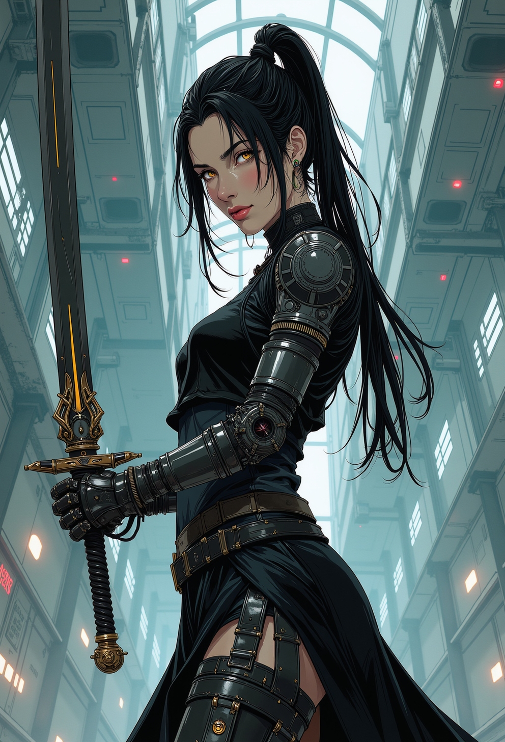<lora:ck-nc-luminal-genesis-000016:1>, A digital anime artwork drawing in the style of cklg, Wabi-sabi (woman:0.3) assassin with (cyborg face parts),cyborg cybernetic enhancements, looking at the viewer, wielding an (enormous sci-fi sword) with mechanical parts at the viewer, (action pose, action shot ), action camera effects, intricate detailed, epic quality, profile picture, mechanical, background is a cyborg lab she is trying to escape from. manga