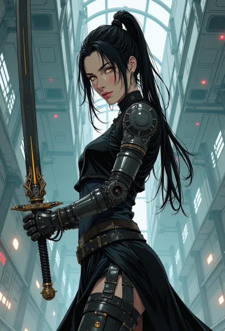 <lora:ck-nc-luminal-genesis-000016:1>, A digital anime artwork drawing in the style of cklg, Wabi-sabi (woman:0.3) assassin with (cyborg face parts),cyborg cybernetic enhancements, looking at the viewer, wielding an (enormous sci-fi sword) with mechanical parts at the viewer, (action pose, action shot ), action camera effects, intricate detailed, epic quality, profile picture, mechanical, background is a cyborg lab she is trying to escape from. manga