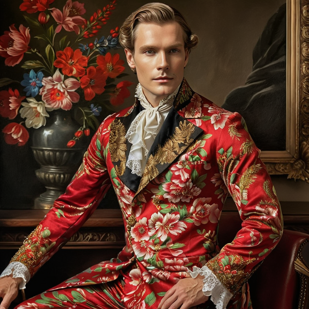 Create an oil painting of a European period gentleman adorned in opulent attire featuring red floral patterns. Capture the elegance and detail of his refined dress, emphasizing the rich textures and vibrant colors of his garment. His posture exudes nobility and grace, with a subtle background that complements the era's artistic style, focusing on the intricate designs and luxurious fabric of his outfit, <lora:haka_flower:0.8>