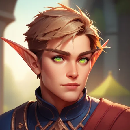 score_9, score_8_up, 8, score_7_up, score_6_up, (dynamic lighting:1.1), ((masterpiece)), solo, portrait, 
(((beautiful, hyper realistic, high quality))), portrait, score_9, score_8_up, score_7_up, 
Elf, Pointed ears, Long eyebrows, 1boy, blond short hair, green eyes, Fantasy clothes,
fantasy background, blurred background