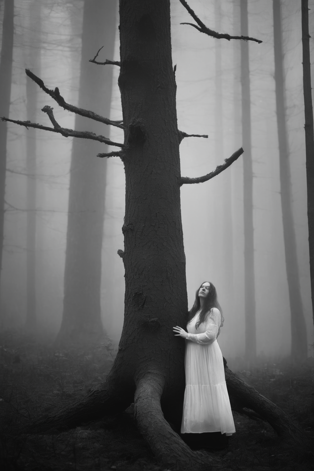 <lora:Photographer Maren Klemp Style:1>Photographer Maren Klemp Style - a woman in a white dress standing next to a tree in a foggy forest