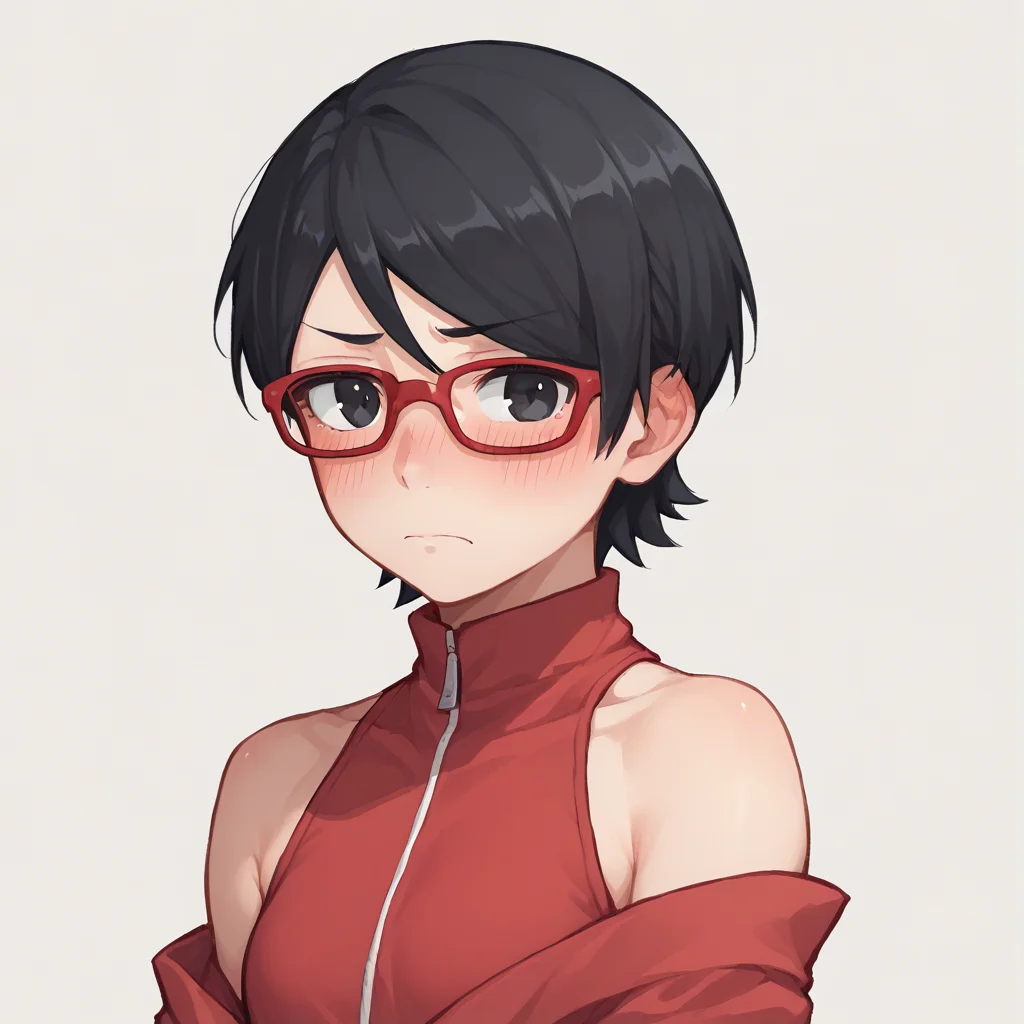 score_9, score_8_up, score_7_up,
by nezumi \(artist\), toddlercon,
uchiha sarada, bare shoulders, black eyes, black hair, blush, red framed glasses, short hair, <lora:Uchiha_Sarada_pony:0.8>