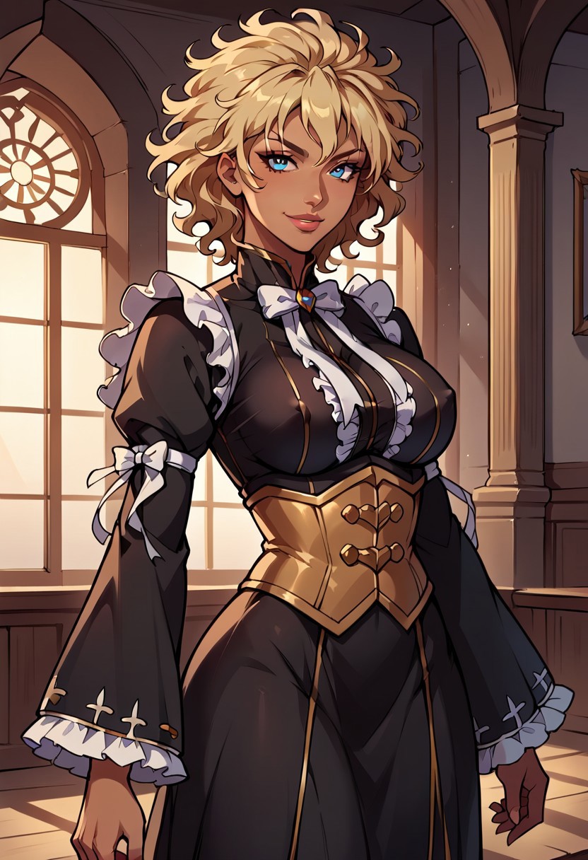SherryCromwellTMnI, 1girl, solo, dark skinned female, blonde hair, short hair, messy hair, wavy bob, bangs, blue eyes, lips, lipstick, large breast, pitch-black dress, dress ornament, gothic style dress, frills all over the edges,  lace  dress, black shoes,  jewelry, corset, bracelet, white bow tie, wide sleeves,
seductive pose, sexy pose, tease,  in the spotlight,,
smile, indoors,   jojo reference,
score_9, score_8_up, score_7_up, beautiful aesthetic, very intricate, high quality details,vibrant, highly detailed, award-winning, professional,anime artwork, anime style, studio anime, athletic, curvy body, athletic girl, perky tits,large breast,perfect tits, round breasts, nipple outline,looking at viewer, pinup pose,teasing, dynamic lighting, cinematic, smug, better than you, aura of temptation, highly detailed, high resolution, masterpiece, detailed clothes, detailed background, highly detailed, ((sound effects)) comic layout,