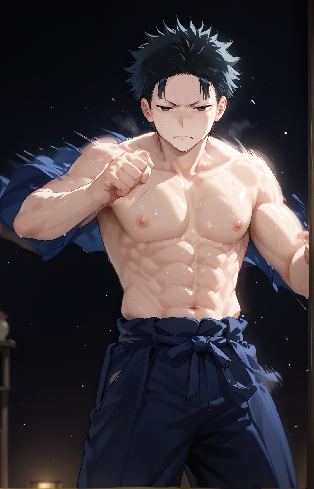 style of jujutsu kaisen,<lora:AIã¤ã©ã¹ããããã:0.6>,<lora:Anime_Screencap:1>,anime screencap,source_anime,score_9,score_8_up,score_7_up,score_6_up,dark theme,(dark background:1.2),low light,looking at viewer,dojo,
1boy,solo,<lora:age_slider_v4:1.2>,<lora:Wim:0.8>,blackhair,half-closed eyes,sarashi,(angry:0.8),black hakama pants,(abs:0.8),sweat,raised fists,fighting stance,(from side:0.8),motion blur,(legs apart:0.7),slim,no shirt,