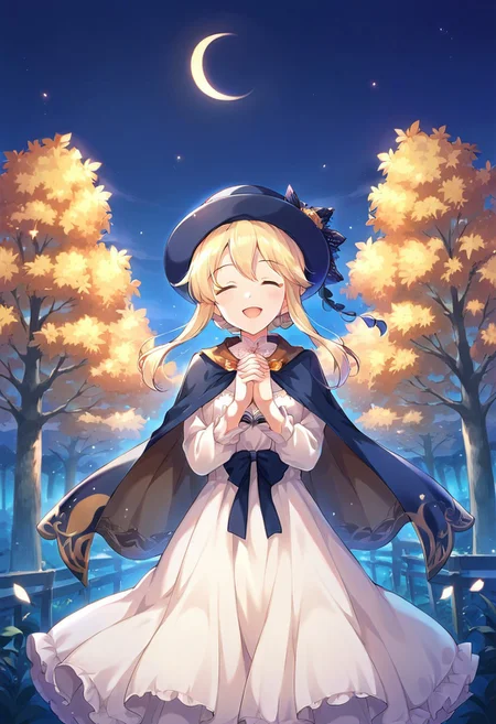 score_9, score_8_up, score_7_up, source_anime,kurarisu, blonde hair, closed eyes, 1girl, night, dress, hat, own hands together, tree, open mouth, smile, cape, sky, own hands clasped, night sky, solo