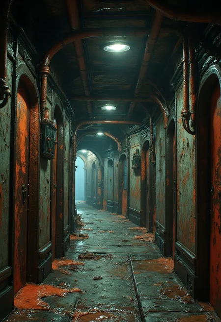 The interior corridor of an alien space ship, strange pipes and tubing line the walls. There is an alien atmosphere and ooze that leaks from everywhere filling the space with a sense of dread.
