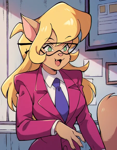 score_9, score_8_up, score_7_up, score_6_up, score_5_up, score_4_up, (Source furry), (rating safe), <lora:CallieBriggsXL:1>, 1girl, solo, open mouth, shirt, long sleeves, jacket, white shirt, necktie, collared shirt, indoors, formal, suit, semi-rimless eyewear, red jacket, blue necktie, pink jacket, callie briggs, blonde hair, furry female, animal ears, animal nose, cat girl, tail, body fur, green eyes, glasses, long hair