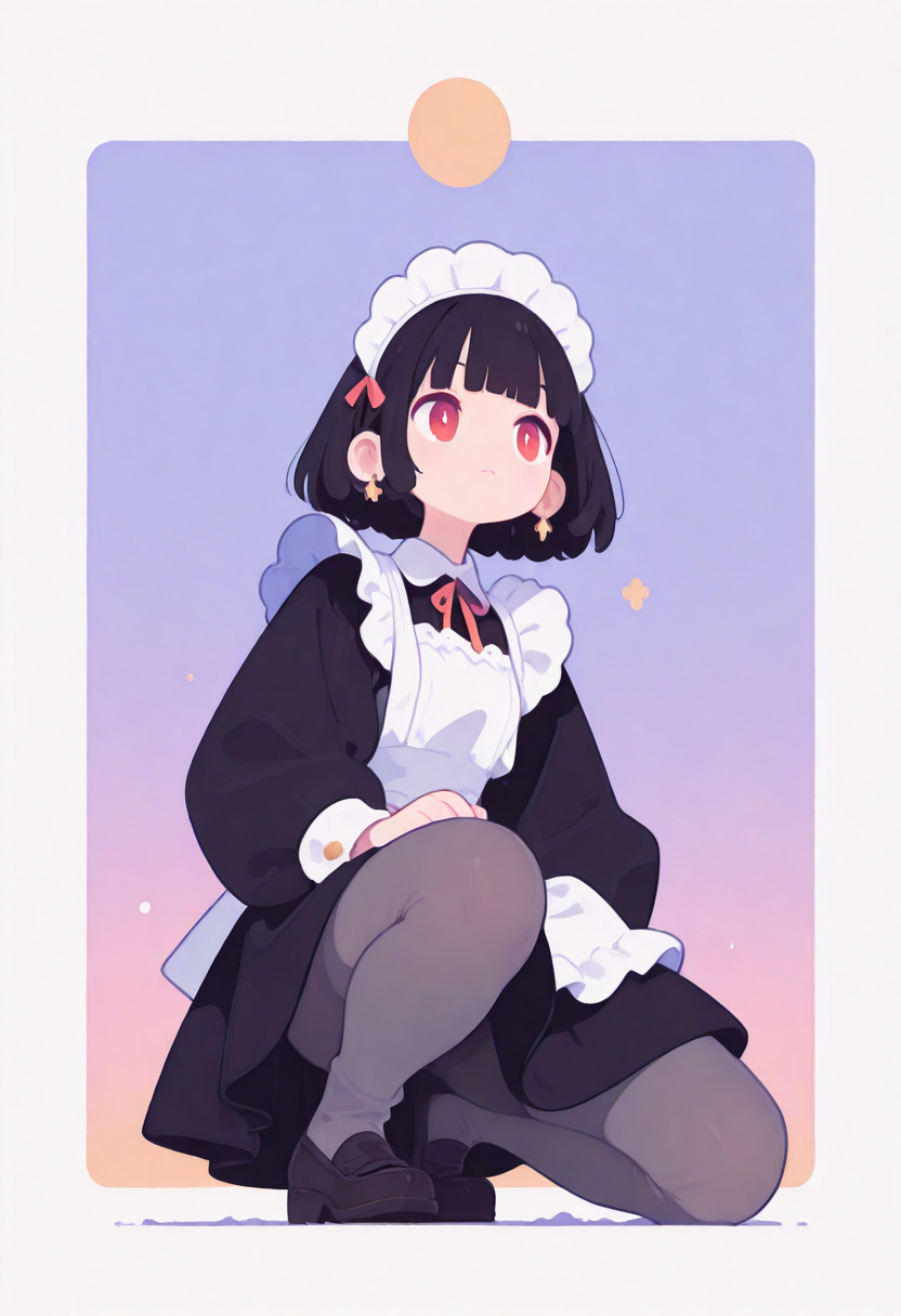 masterpiece, best quality, amazing quality, absurdres, newest, 1girl, solo, black hair, bobcut, red eyes, blunt bangs, tight gossamer very short victorian black maid dress, maid apron, 
medieval tavern in pastel color  background with thick white border,
popping out of background, full body, from below, kneeling on one knee, windy, dynamic pose, grey tights, skinny upper body, matte black tights, thick black tights, loafers, [skinny upper body], translucent skin, [[chubby thick legs]], bottom heavy,
skindentation, chubby ankles, 
ultra-realistic, Flatline, Flat vector illustration, haiz_ai, no lineart, no outline,
pplegs,  
<lora:haiz_ai_illu:0.8> <lora:flatline:1.65>  <lora:ponyv6_noobE11_2_adamW:0.25>  <lora:Slider-LimbWidth:1.5> <lora:Slider-LegLength:-1.5> <lora:v0.04_Concept_pony:0.29>