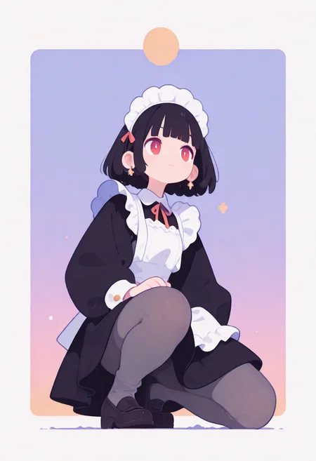 masterpiece, best quality, amazing quality, absurdres, newest, 1girl, solo, black hair, bobcut, red eyes, blunt bangs, tight gossamer very short victorian black maid dress, maid apron, 
medieval tavern in pastel color  background with thick white border,
popping out of background, full body, from below, kneeling on one knee, windy, dynamic pose, grey tights, skinny upper body, matte black tights, thick black tights, loafers, [skinny upper body], translucent skin, [[chubby thick legs]], bottom heavy,
skindentation, chubby ankles, 
ultra-realistic, Flatline, Flat vector illustration, haiz_ai, no lineart, no outline,
pplegs,  
<lora:haiz_ai_illu:0.8> <lora:flatline:1.65>  <lora:ponyv6_noobE11_2_adamW:0.25>  <lora:Slider-LimbWidth:1.5> <lora:Slider-LegLength:-1.5> <lora:v0.04_Concept_pony:0.29>