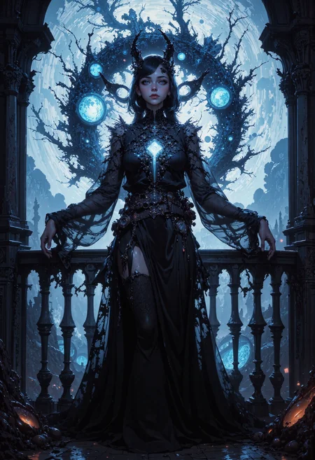 masterpiece, high-quality, A mesmerizing enchantress draped in sheer, midnight-hued silks that billow around her like living shadows. Her eyes glow with arcane energies, and each whisper from her lips fractures reality further, unveiling the swirling remnants of timelines. She stands on an ornate balcony overlooking a moonlit, gothic cityscape, the air charged with dark seduction. heavy chiaroscuro, hyperdetailed, best quality, high resolution, <lora:FLUX\Anime v1.3:0.5> <lora:FLUX\MoriiMee_Gothic_Niji_Style_FLUX:0.6> <lora:FLUX\CPA:0.5> <lora:FLUX\DarksunRiddV4:0.5> <lora:FLUX\PrismaticPersona:0.5>