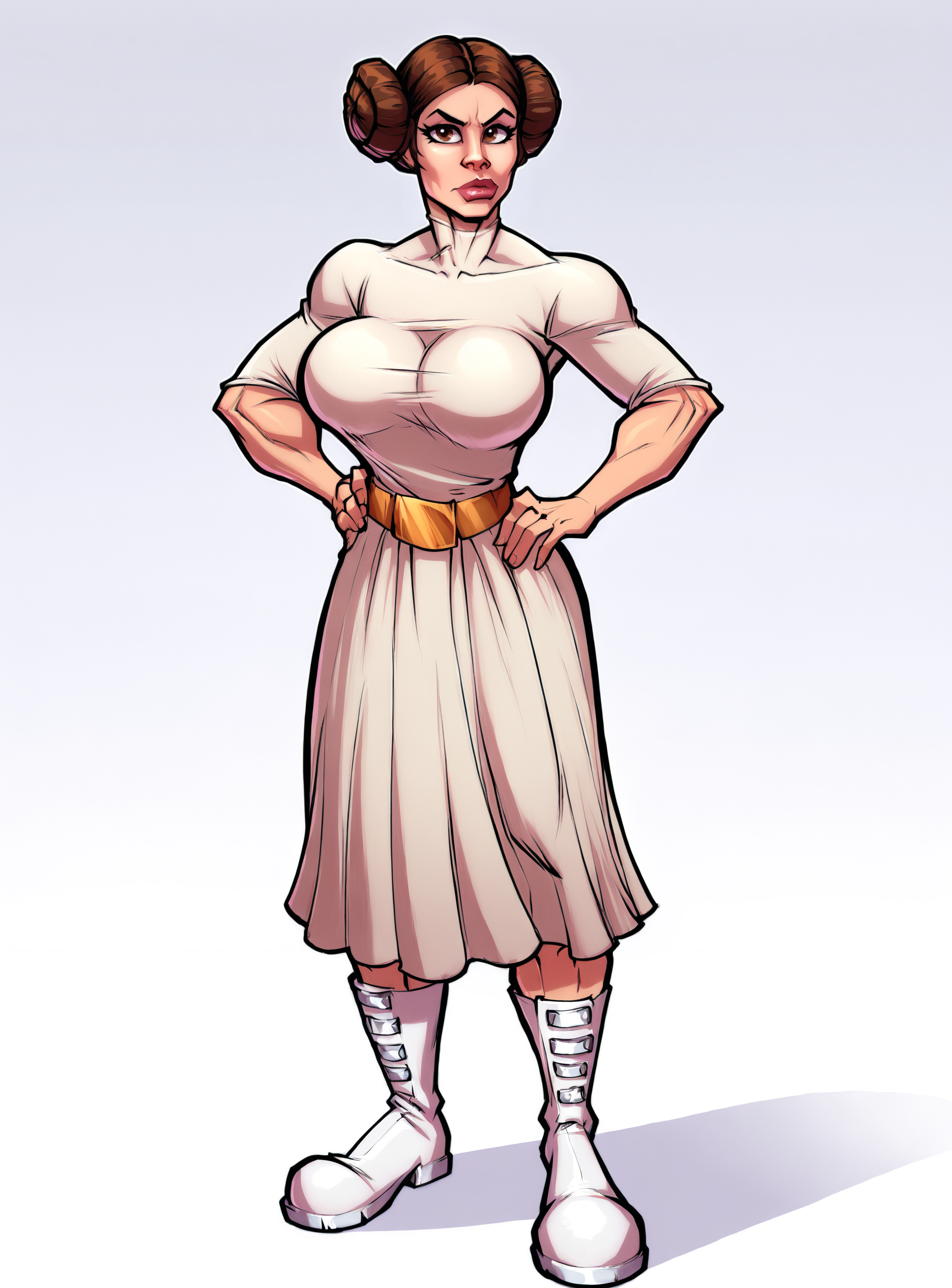 zPDXL2, source_anime, gradient background, 
fontezxl,
leiaxl, 1girl, solo,looking at viewer, large breasts,  breasts, double bun, white dress, belt,white boots , full body, lips, hand on own hip, brown eyes, 
 <lora:leiaxl-000006:0.6>     <lora:fontezxl2:1>