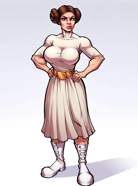zPDXL2, source_anime, gradient background,
fontezxl,
leiaxl, 1girl, solo,looking at viewer, large breasts, breasts, double bun, white dress, belt,white boots , full body, lips, hand on own hip, brown eyes,
<lora:leiaxl-000006:0.6> <lora:fontezxl2:1>