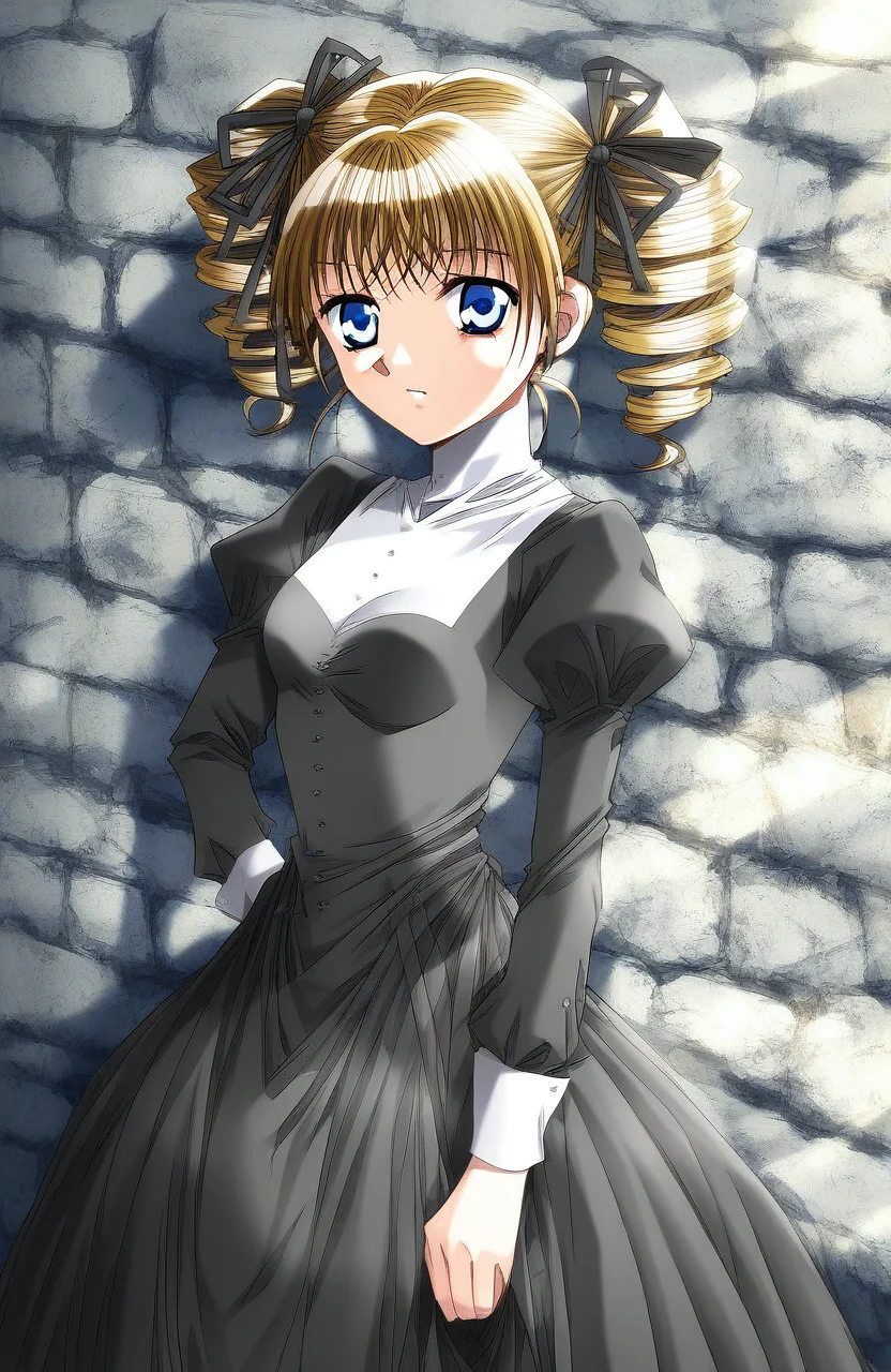 score_9, score_8_up, score_7_up, source_anime, rating_explicit, BREAK <lora:Yukiyanagi_Yuzu_XL:1> Yukiyanagi_Yuzu, drill hair, blue eyes, brown hair, blonde hair, hair ribbon, black ribbon, twin drills, small breasts,
1girl, solo, black dress, long sleeves, juliet sleeves, looking at viewer,
puffy sleeves,
stone wall,