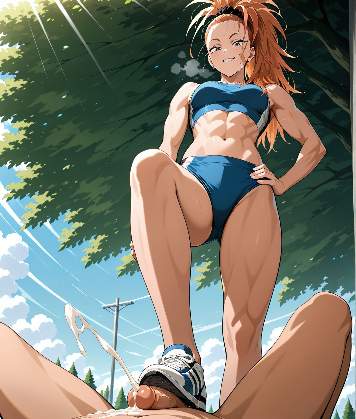 <lora:add-detail-xl:0.5>,,masterpiece,best quality,anime coloring,anime screenshot,
<lora:female_athlete:1>female_athleteV1,
1girl, 1boy, footjob,stepped on, penis,seductive smile, 
projectile cum,cum,from below, cumdrip, sneakers, 
sports crop top, track briefs,midriff, steam, 
clothed female nude male,track and field,outdoors, 
saitama \(one-punch man\), 
<lora:CaptainMizuki(Manga)_ILXL_v1:0.8> captain mizuki,  bandaid on face, muscular female, toned, long hair, ponytail, forehead, hair scrunchie, 
blue  sports bra, blue track briefs,   midriff, navel, linea alba, buruma,