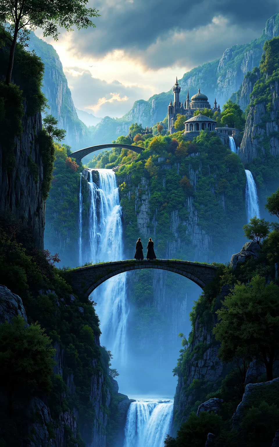 two elven travelers seen from afar crossing a transparent magical bridge within a floating elven city,the city features lush gardens and glowing waterfalls falling into clouds,distant nebula sky,dramatic backlight silhouettes the figures and architecture,rich color,fantasy epic concept.,
<lora:aidmaMJ6.1_v0.5_3:0.6>,aidmaMJ6.1,<lora:klordoftherings-01:0.7>,klordoftherings,