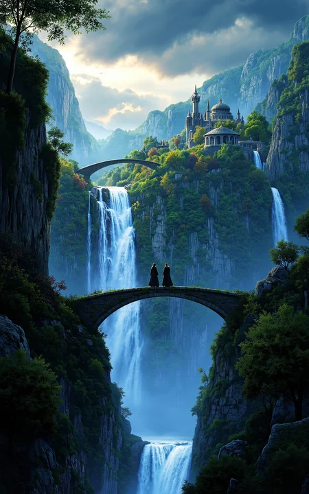 two elven travelers seen from afar crossing a transparent magical bridge within a floating elven city,the city features lush gardens and glowing waterfalls falling into clouds,distant nebula sky,dramatic backlight silhouettes the figures and architecture,rich color,fantasy epic concept.,
<lora:aidmaMJ6.1_v0.5_3:0.6>,aidmaMJ6.1,<lora:klordoftherings-01:0.7>,klordoftherings,