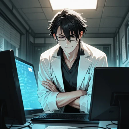 masterpiece, best quality, amazing quality, absurdres, newest, detailed background, definition so sharp, Ultra-HD, 8K cinematic, very awa, impressionate, amazing quality, highres,
solo, male focus, manly,
saruhikofushimi, saruhiko_black hair, saruhiko_black eyes, 1boy, short hair, glasses, looking down, smirk, crossed arms, lab coat, computer screen, data stream, cool lighting, focused, calculating, intelligent, slightly intimidating, charming
