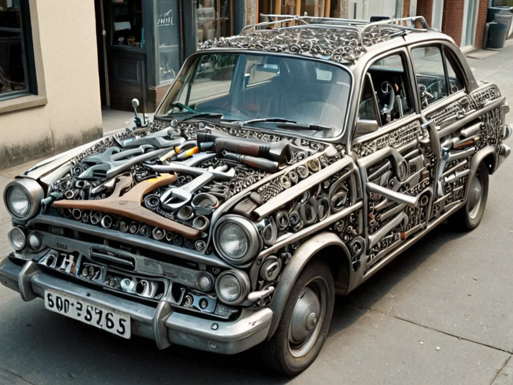 A car parked in town made of tools <lora:tools-world-morph-000009:1>