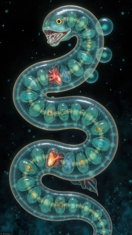 4byss, A serpentine creature with translucent skin revealing multiple pulsing hearts, each glowing a different color. Its circular mouth contains rotating rings of crystalline teeth that emit a faint chime when they move. Bioluminescent patches along its body form incomprehensible patterns that seem to shift when not directly observed.
