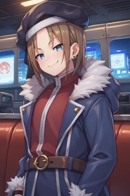 (score_9, score_8_up, score_7_up, score_6_up), source anime, BREAK, <lora:Roswell_Branthese:0.50> , medium hair, RoswDef, 1boy, brown hair, blue eyes, black beret, rose, closed mouth, <lora:VanKaiXL:0.3> , earring, blue jacket, fur trim, white shirt, red inner shirt, brown belt, black bracelet, black single glove, smug grin, interior, looking at viewer, solo, <lora:zy_Detailed_Backgrounds_v1:0.5> , detailed background, highly detailed, city, skyscrapers,