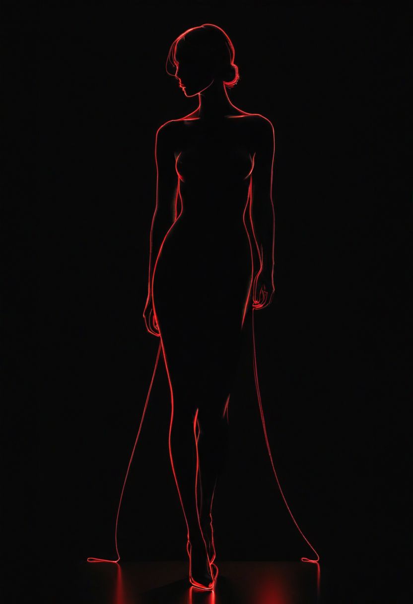 Single red line, continuous, elegant, minimalist style, suggestive silhouette of a figure, black background, negative space, single point perspective, long and flowing, perfect line work, high detail