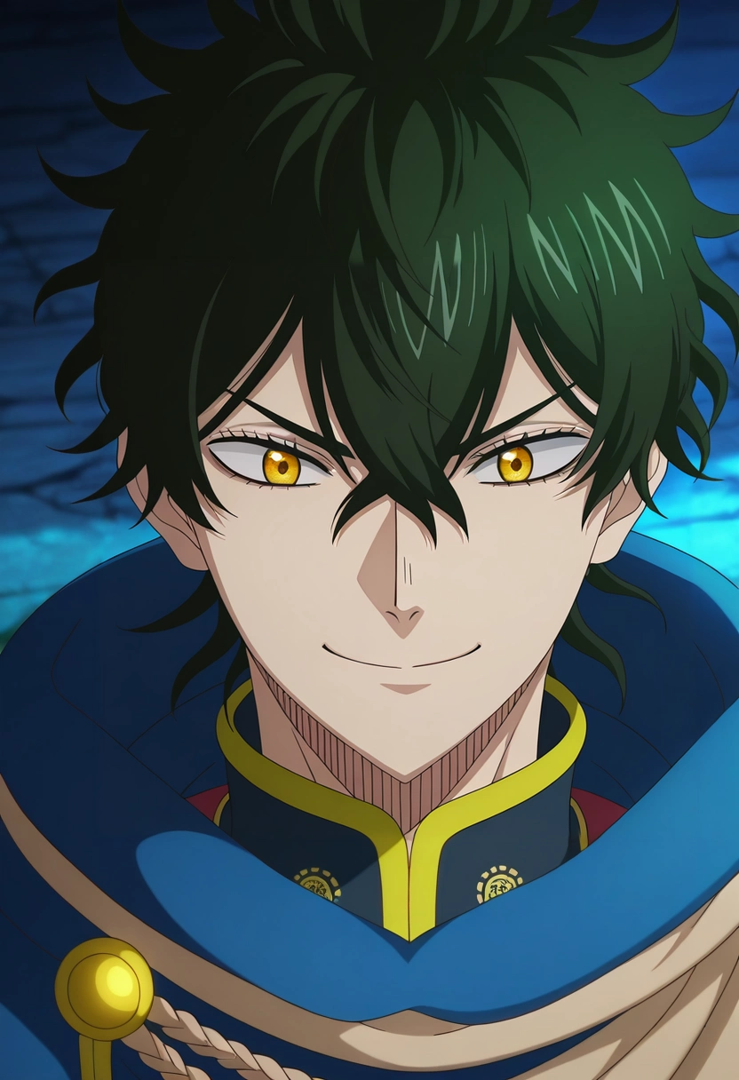 masterpiece, best quality, , anime screencap, anime coloring, official style, , 1boy, solo, male focus, <lora:yuno_black_clover_ilxl:0.96>, yuno_black_clover, black hair, yellow eyes, short hair, hair between eyes, , focused, fantasy land, dark, (dynamic pose), happy,