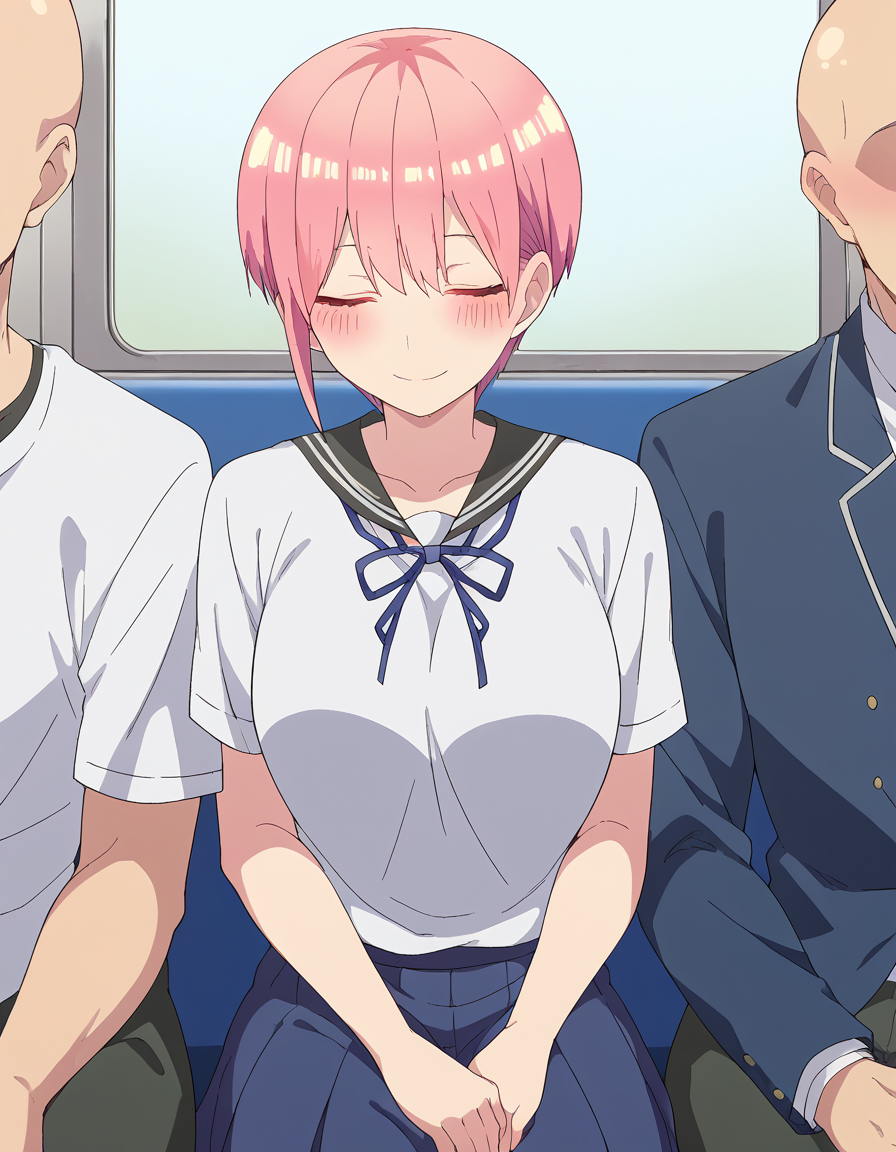 score_9, score_8_up, score_7_up, source_anime, <lora:ichika-nakano-s2-ponyxl-lora-nochekaiser:1>, ichika nakano, short hair, bangs, pink hair, pixie cut, large breasts, <lora:leaning-on-person-side-by-side-ponyxl-lora-nochekaiser:1>, leaning on person side-by-side, sitting, hetero, sleeping, couple, train interior, leaning on person, school uniform, faceless male, bald, faceless, smile, blush, closed eyes,,