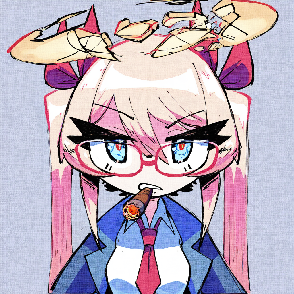StyleBirdBlitz,(masterpiece, best quality),
1girl, solo, twintails, blonde hair, pink hair, hair ribbon, hair_between_eyes, red-framed_eyewear, blue eyes,large halo, broken halo, jitome, white shirt, blue jacket, red tie, small breasts, upper body, close-up, straight-on, cigar, smoking, grey background, white frame