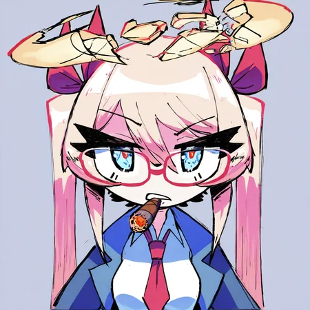 StyleBirdBlitz,(masterpiece, best quality),
1girl, solo, twintails, blonde hair, pink hair, hair ribbon, hair_between_eyes, red-framed_eyewear, blue eyes,large halo, broken halo, jitome, white shirt, blue jacket, red tie, small breasts, upper body, close-up, straight-on, cigar, smoking, grey background, white frame