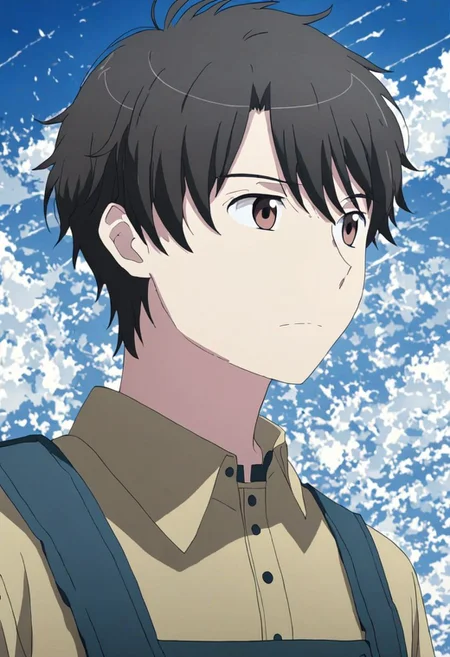 high resolution, solo, best quality, 1Boy, Inaho Kaizuka, Black Hair, Brown Eyes, existential longing, infinite sky, OverallDetail