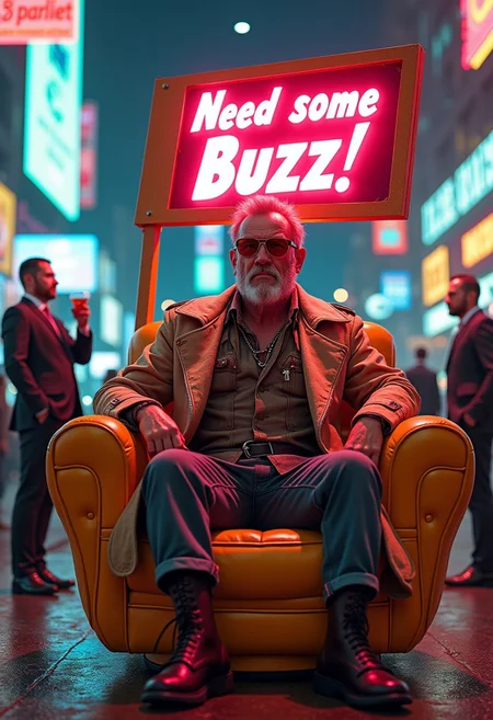 A futuristic, over-the-top cyberpunk beggar sitting on a golden hover-throne, holding a neon sign that reads "Need some Buzz!" in a flashy, animated font. He wears high-tech sunglasses, a tattered yet stylish glowing trench coat, and has a robotic pet dog begging alongside him. Surrounding him are confused, ultra-rich businessmen in suits, sipping digital cocktails, while holographic ads and flying cars zoom by. The city glows with vibrant neon signs, with one hilariously promoting "Luxury Oxygen - Now 50% More Expensive!" Cinematic, ultra-detailed, 4K, visually striking, and comically absurd.