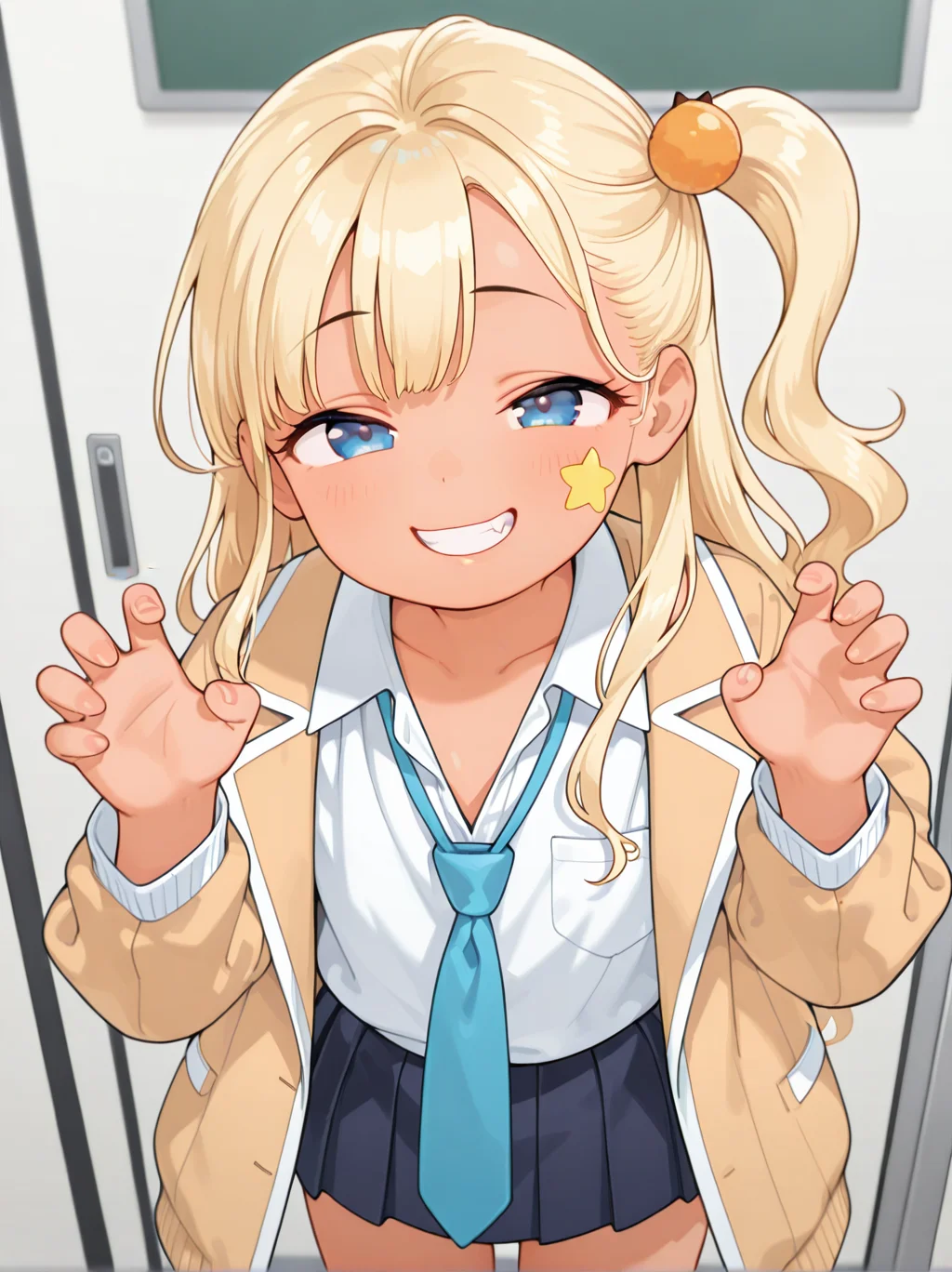 masterpiece,best quality,amazing quality, absurdres, highres, 
solo, gyaruyuzu,gyaru,blonde hair,one side up,star \(symbol\),facial mark,hair ornament,blue eyes,tan,school uniform,collared shirt,necktie,open collar,open jacket, cowboy shot, looking at viewer, grin, claw pose,