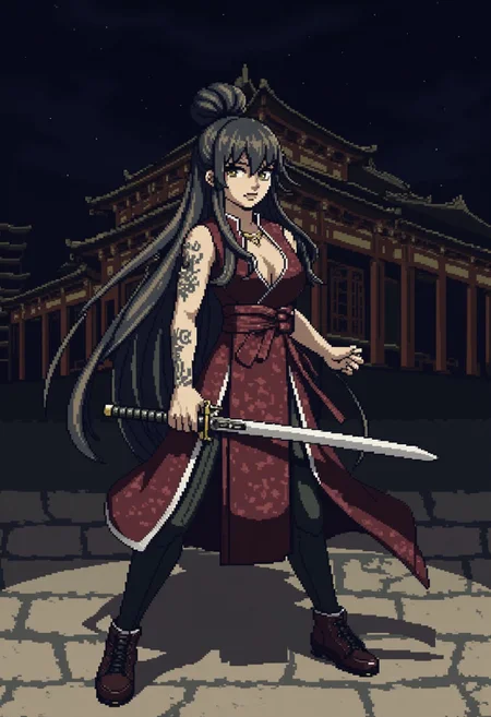 Very long black hair, brown gradient hair, high hair bun, brown eyes, pale skin, medium breasts, full right arm tattoo, sleeveless_kimono, Chinese attire, detailed background, chinese temple, tough face, night, dynamic pose, shadows, posing, Standing, holding a sword, dark light, ck-8bit-gameboy
