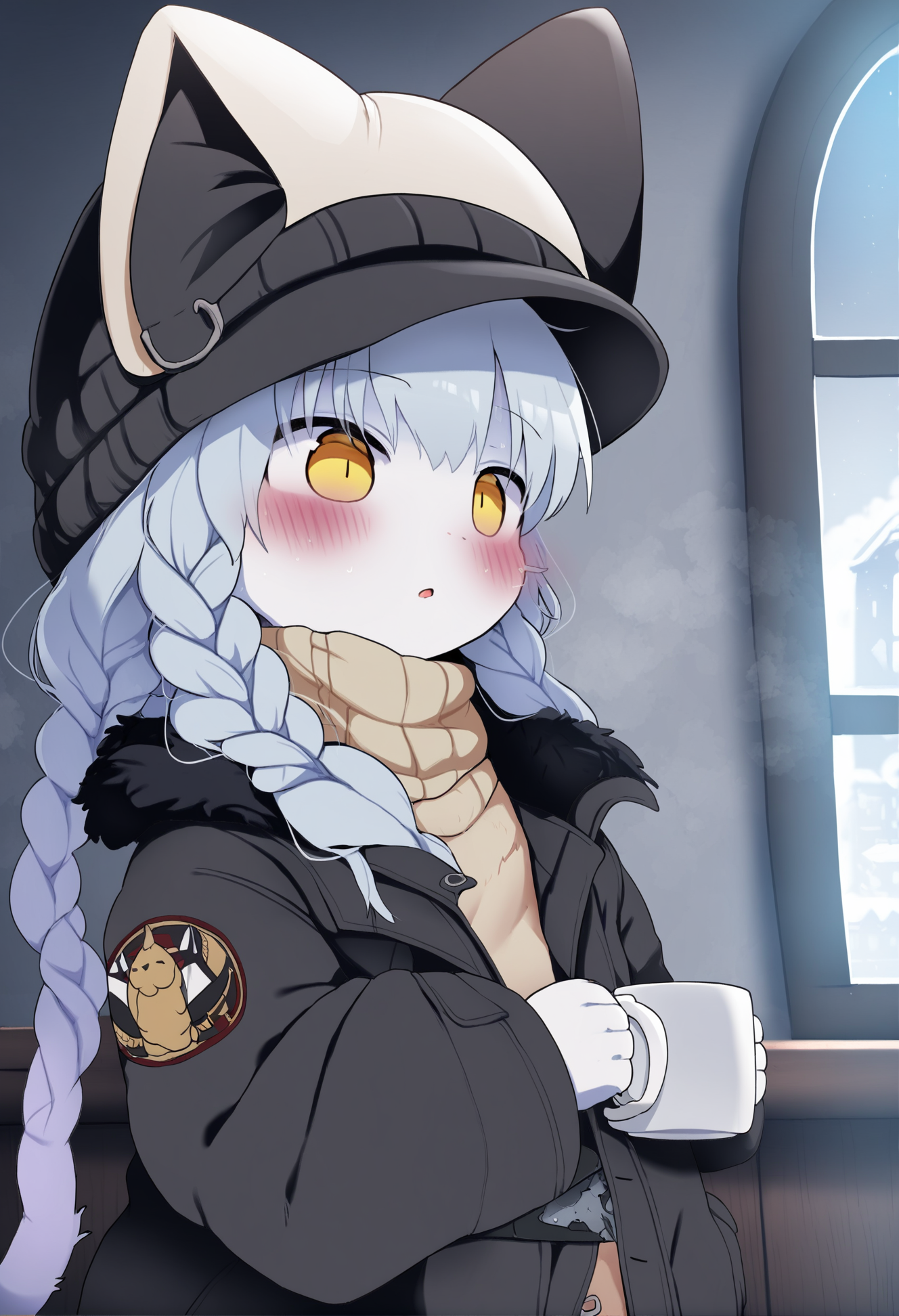 masterpiece, hyper detailed, best quality,(furry:1.3),1girl, solo, jacket, long hair , cup, hat, black jacket, braid , upper body, bangs, open jacket, black headwear, open clothes, fur trim, long sleeves, yellow eyes, beanie, white sweater, sweater, animal hat, fur-trimmed jacket, parted lips, looking away, steam, cat hat, window, white hair, grey hair, mug, gloves ,<lora:DAGASIXLlokr8f-000188:0.95>