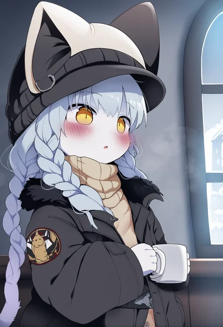 masterpiece, hyper detailed, best quality,(furry:1.3),1girl, solo, jacket, long hair , cup, hat, black jacket, braid , upper body, bangs, open jacket, black headwear, open clothes, fur trim, long sleeves, yellow eyes, beanie, white sweater, sweater, animal hat, fur-trimmed jacket, parted lips, looking away, steam, cat hat, window, white hair, grey hair, mug, gloves ,<lora:DAGASIXLlokr8f-000188:0.95>