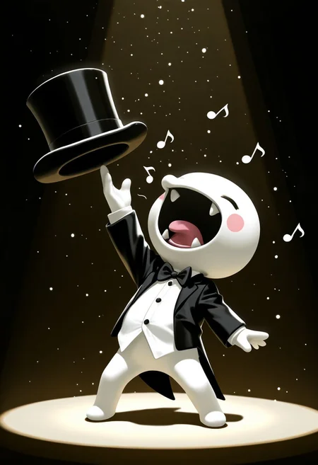 ch0rus_RH, 1boy, solo, no nose, white skin, closed eyes, fangs, tongue, open mouth, head back, singing, masterpiece, absurdres, amazing quality, ultra-detailed, photorealistic, best quality, miniperson, short, no humans, chibi, black bowtie, tuxedo, black tailcoat, white shirt, collared shirt, holding hat, black top hat, full body, blush stickers, outstretched arm, leaning back, bottomless, no penis, legs apart slightly chubby, musical note, from above,
BREAK
dark room, stage, spotlight, light particles, detailed shading, dynamic pose,