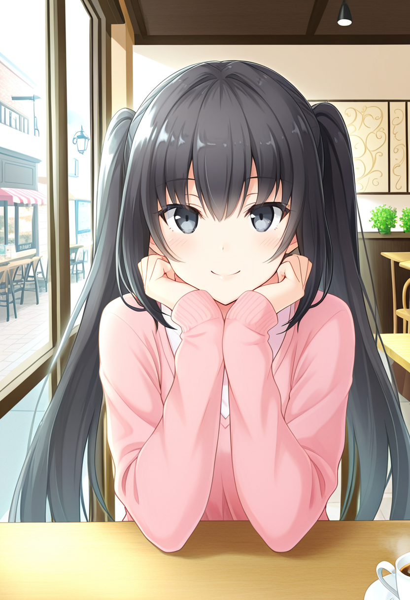 1girl, oregairumiagup, black hair, very long hair, twintails, black eyes, looking at viewer, smile, cute, cafe, pov dating, <lora:RumiHighSchool_ill_v2:1>, masterpiece, best quality, high quality, detailed, absurdres