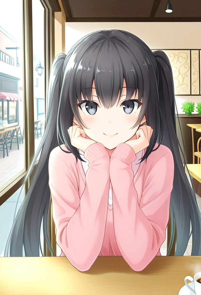 1girl, oregairumiagup, black hair, very long hair, twintails, black eyes, looking at viewer, smile, cute, cafe, pov dating, <lora:RumiHighSchool_ill_v2:1>, masterpiece, best quality, high quality, detailed, absurdres