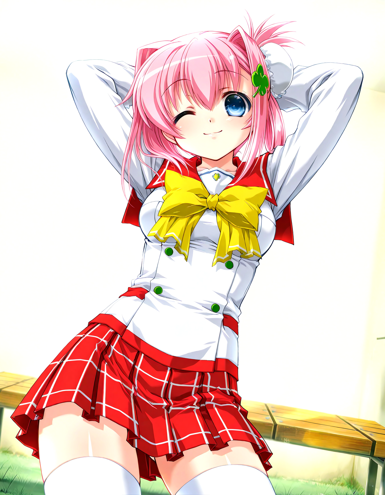 (1girl, solo:1.3), (2girls, 3girls, 4girls, multiple girls, 2boys, 3boys, 4boys, multiple boys:-1.5) <lora:Ainame_Chisato_Hachukano_Illustrious:0.9>, Ainame Chisato, medium breasts, blue eyes, pink hair, short hair, bangs, hair intakes, hair between eyes, sidelocks, bun cover, single hair bun, hair bun, four-leaf clover hair ornament, clover hair ornament, hair ornament, school uniform, serafuku, sailor collar, long sleeves, yellow bow, bowtie, pleated skirt, plaid skirt, red skirt, miniskirt, white thighhighs smile, one eye closed, general, contrapposto, dynamic pose, arms behind head, upper body, straight-on, from below, dutch angle, indoors, locker room, locker, wooden bench, (window:-2.0), <lora:NOOB_EPSv1_1_detailer_by_vlnvk_v1_0:1.5>, (photo background:0.7), day, (tachibana yuu:0.6), inue shinsuke, (kazuma muramasa:0.0), saikawa yusa, (aoi manabu:0.6), abarerumidori, (suzui narumi:0.6), masterpiece, newest, absurdres, 8K, anime screenshot, anime coloring, flat color, official art, film grain, <lora:illustriousXLv01_stabilizer_v1.185c:0.7>, <lora:LECO_Solo:-4.0>,