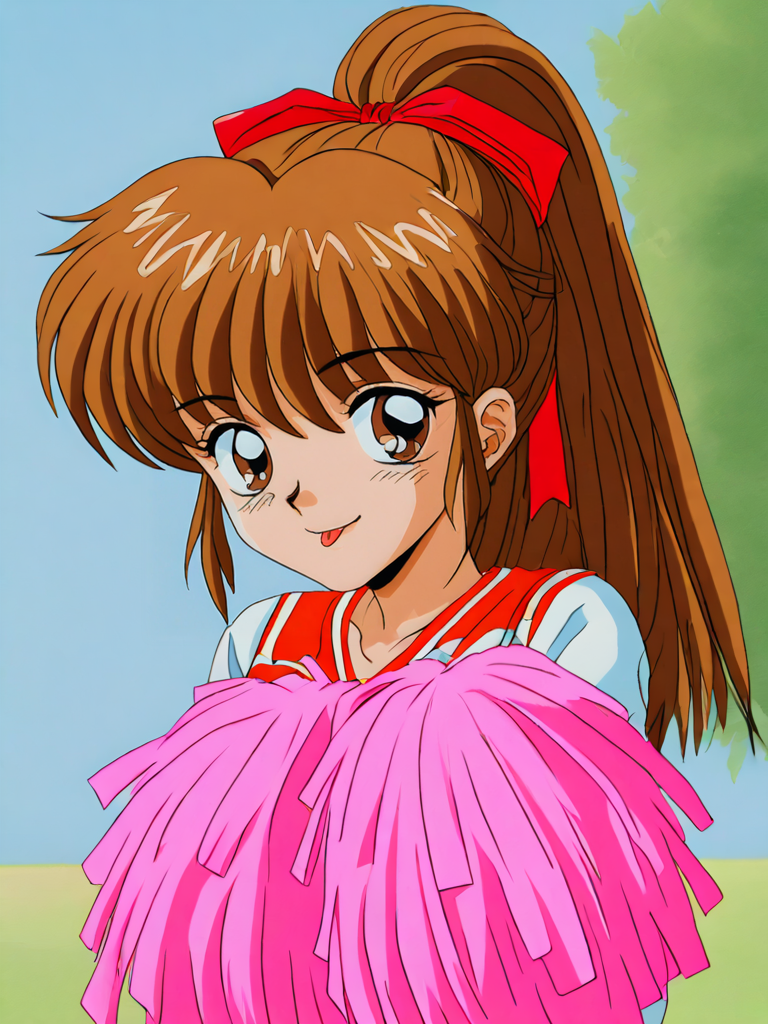<lora:1990-mahjong-gals:1>1990s (style), gals panic s2, Shinjo Akemi, 1girl, solo, pom pom (cheerleading), long hair, brown hair, ribbon, retro artstyle, high ponytail, cheerleader, brown eyes, looking at viewer, hair ribbon, ponytail, upper body, :p, 1990s (style), long sleeves, smile, red ribbonâââ