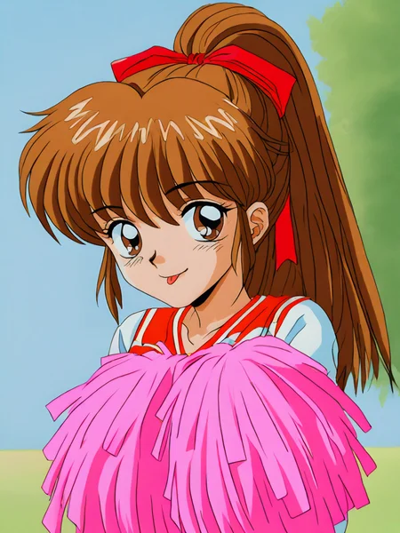 <lora:1990-mahjong-gals:1>1990s (style), gals panic s2, Shinjo Akemi, 1girl, solo, pom pom (cheerleading), long hair, brown hair, ribbon, retro artstyle, high ponytail, cheerleader, brown eyes, looking at viewer, hair ribbon, ponytail, upper body, :p, 1990s (style), long sleeves, smile, red ribbonâââ
