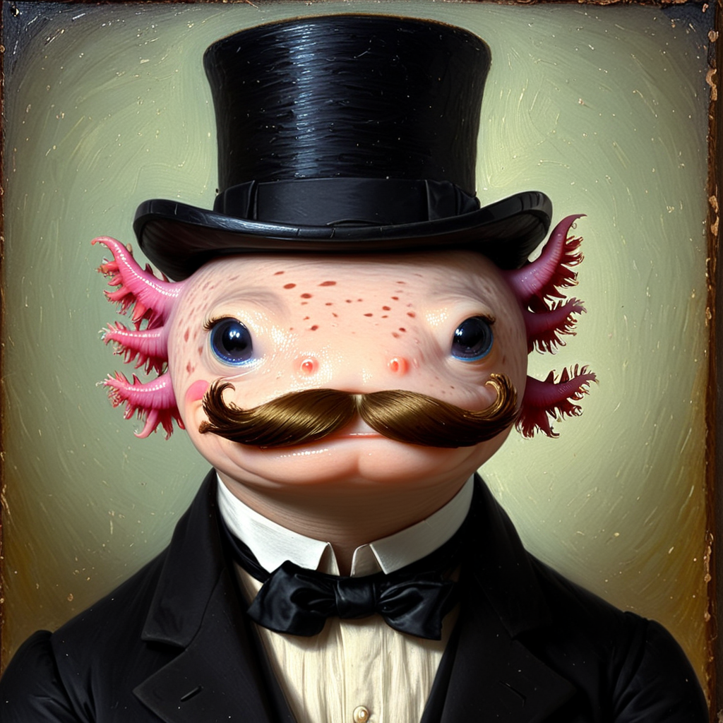 axolotl, painting, masterpiece, top hat, ((mustache)), fancy, facial hair, embedding:OverallDetail-SDXL,<lora:Axolotl_SDXL_epoch_14.safetensors:1.0:1.0>